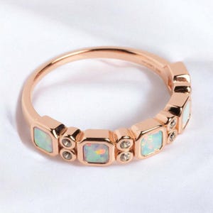 Octagon Fire Opal Half Eternity Ring Band, Vintage Design Opal & Diamond Ring, 925 Solid Silver Stackable Band, Beautiful Women Ring Gift