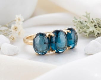 Anillo de topacio azul Londres, plata de ley 925, con tres piedras de nacimiento, estilo art déco, regalo de aniversario para esposa, joyería clásica con cabujón.