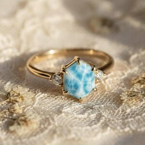 Hexagon Larimar Ring, Dainty Blue Gemstone Engagement Ring, Unique Boho Jewelry for Her, Vintage Art Deco Promise Ring, Anniversary Gift,