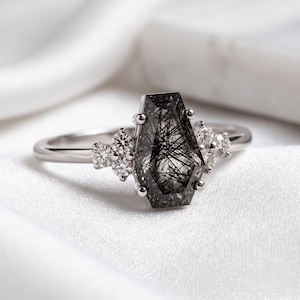 Coffin Cut Black Rutile Ring 925 Sterling Silver, Unique Dainty Stacking Ring, Alternative Engagement Gift, Witchy Jewelry