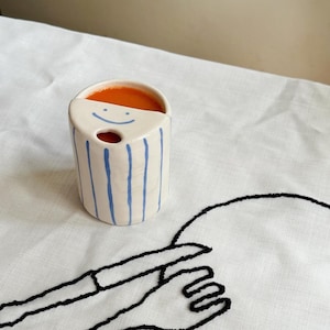 Handmade Smiley Face Ceramic Travel Mug: Blue Striped Pottery Cup