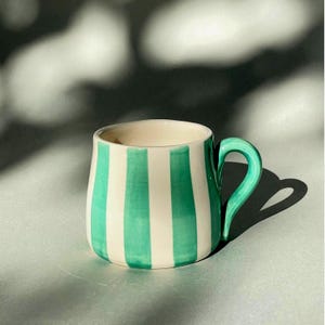 Handmade Colorful Striped Mug | Handmade Pottery Cup with Sunburst Bottom | Red and White Large Ceramic Mug | Unique Gift for Coffee Lover