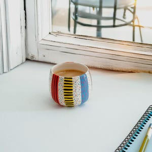 Hand-Painted Ceramic Tumbler: Colorful Striped Coffee Mug, Handleless Pottery