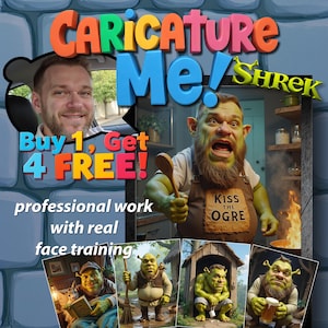 1+4 FREE - Custom Shrek Cartoon Portrait from Your Photo – 5x Themed Caricature Drawing – Funny Gift