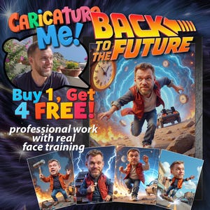 1+4 FREE - Custom Back To The Future Marty McFly Cartoon Portrait from Your Photo – 5x Themed Caricature Drawing – Funny Gift