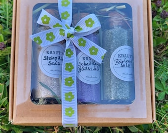 Zestaw ziołowy (3 sztuki) – naturalny upominek ślubny | Pomysł na prezent z solą ziołową, herbatą kwiatową i lawendą | Ręcznie robiona pamiątka ziołowa