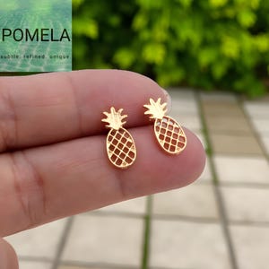 Mini Gold Pineapple Stud Earrings, 925 Silver Brass Earrings, Tropical Style Jewellery, Cute Juicy Fruits, Tropical Pineapple Accessory Gift