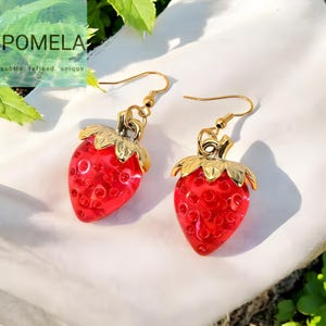 Acrylic Strawberry Drop Earrings, Red Juicy Fruit Style Summer Earrings Gift, Unique Fruit Berry Jewellery, Cute Strawberries Gift for Her