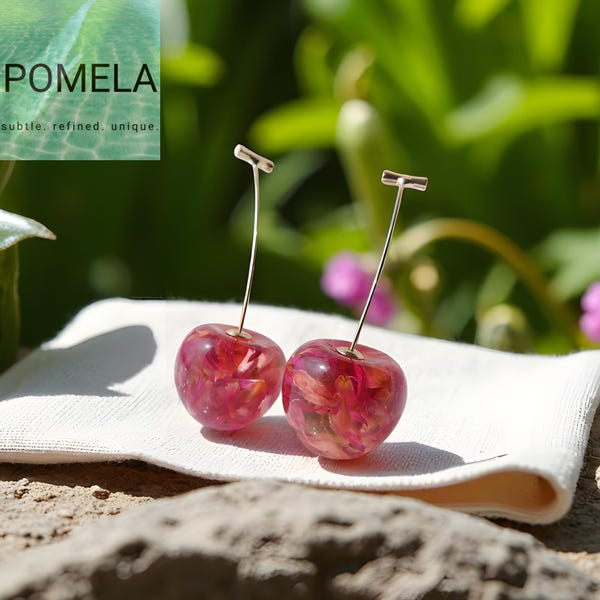 Red Cherry Petal Drop Earrings: Sterling Silver, Acrylic & Resin