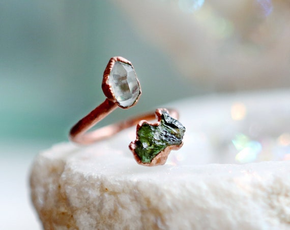 Genuine Moldavite and Herkimer Diamond Twist Ring / Moldavite Jewelry / Adjustable Ring / Statement Ring / Herkimer Diamond Jewelry