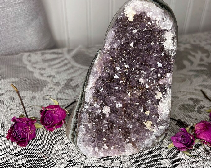 Unique Half Polished Amethyst Cathedral A / Dark Purple Amethyst Cluster Self Standing / 4.5” Tall weighs 1.75 Pounds