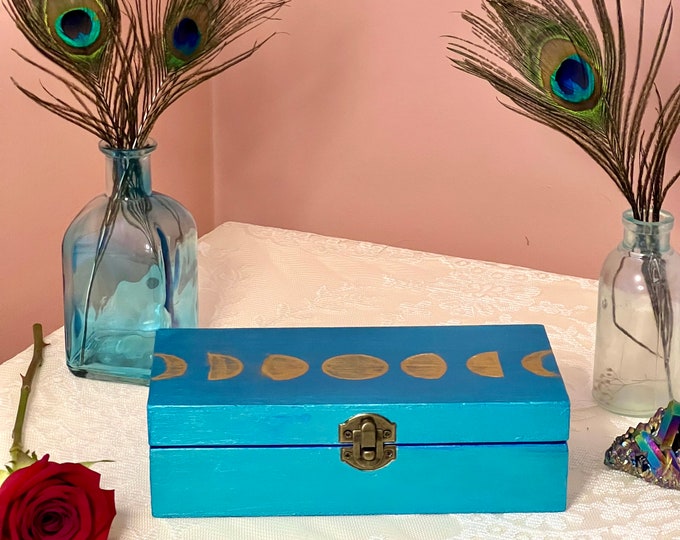 Hand Painted Turqouise Altar Box With Gold Leaf Moon Phase On Lid / Hand Painted Interior/ Jewelry Box /Tarot Box / One of a Kind