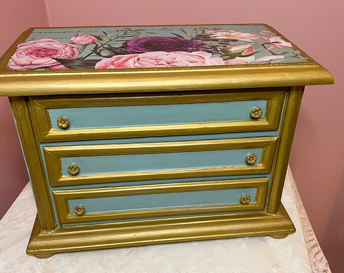 AVAILABLE- Hand Painted Antique Jewelry Box / Blue and Gold Jewelry Box with Floral Design / Solid Wood Painted Box
