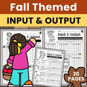 Puede incluir: Un conjunto de hojas de trabajo educativas con temática otoñal titulado "Input & Output". La portada presenta una niña de dibujos animados con una cesta de manzanas. Las hojas de trabajo incluyen problemas matemáticos con salidas y reglas faltantes.