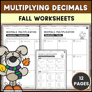 May include: A set of 12 educational worksheets titled Multiplying Decimals Fall Worksheets. The pages feature math problems involving decimals, multiplication, and decimal placement, decorated with black and white illustrations of a cartoon dog.