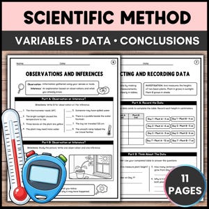 May include: Two educational worksheets titled Scientific Method, Observations and Inferences, and Collecting and Recording Data. The pages feature black text, line drawings of a thermometer, a stopwatch, and a plant, with blank lines for student answers.