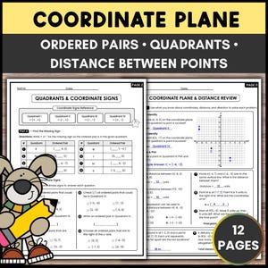 May include: Educational math worksheet set titled COORDINATE PLANE, ORDERED PAIRS, QUADRANTS, DISTANCE BETWEEN POINTS. Includes pages on coordinate signs and distance review with practice problems, featuring a cartoon rabbit holding a yellow pencil.