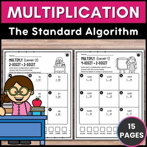 May include: A workbook page with multiplication problems. The title reads "Multiplication: The Standard Algorithm." The page includes 2-digit and 4-digit multiplication problems. A cartoon girl with glasses and an apple is on the left. The workbook has 15 pages.