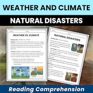 May include: Educational reading comprehension pages on weather and climate, and natural disasters. The pages include text and illustrations about weather vs. climate, hurricanes, tornadoes, earthquakes, and volcanoes. The title "WEATHER AND CLIMATE" is at the top.