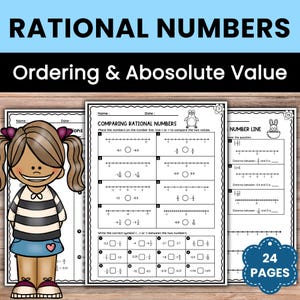 以下が含まれることがあります： 有理数、順序、絶対値に関する教育用ワークシート。漫画の女の子のイラストと青色の24ページのバッジが含まれています。ワークシートには、数直線と比較演習が含まれています。