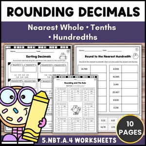 Rounding Decimals Worksheets 5th Grade | Nearest Whole, Tenth & Hundredth | Printable Math Activities PDF