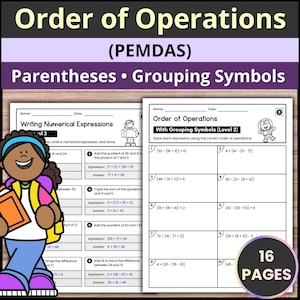 Puede incluir: Una hoja de trabajo titulada "Orden de las operaciones" con el acrónimo PEMDAS, con problemas con paréntesis y símbolos de agrupación. La imagen incluye una ilustración de dibujos animados de un estudiante y una pegatina que dice "16 páginas".