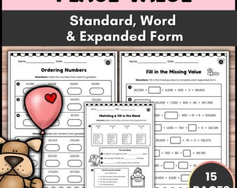Puede incluir: Hojas de trabajo de matemáticas tituladas Place Value Standard, Word & Expanded Form. Las páginas incluyen ejercicios como Ordering Numbers, Fill in the Missing Value y Matching & Fill in the Blank. Un perro dibujado sostiene un globo rosa.