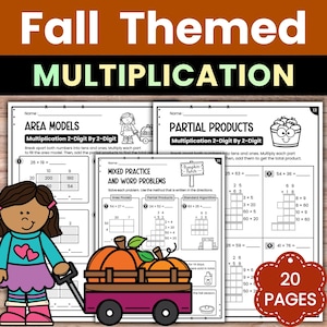 May include: A multiplication workbook with a fall theme, featuring the title "Fall Themed Multiplication". The pages include area models, partial products, and mixed practice problems. A cartoon girl and pumpkins in a wagon are also shown.