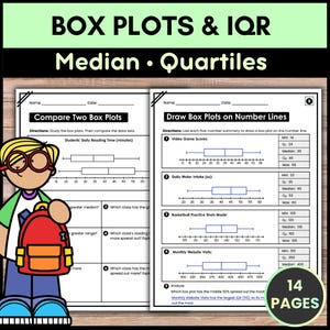 May include: Educational math worksheet set titled BOX PLOTS & IQR featuring two pages with exercises on comparing box plots and drawing them on number lines. Includes a cartoon character with glasses and a red backpack, plus a 14 pages badge.