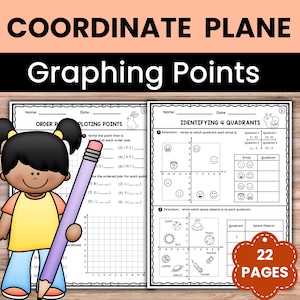 May include: Educational worksheet titled "COORDINATE PLANE Graphing Points" with a cartoon girl holding a purple pencil. The worksheet includes exercises on plotting points and identifying quadrants. The image also shows a "22 PAGES" sticker.