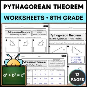 Puede incluir: Un conjunto de 12 páginas de hojas de trabajo sobre el teorema de Pitágoras para estudiantes de octavo grado. Los documentos incluyen problemas matemáticos con triángulos rectángulos, fórmulas y tablas, junto a una abeja de dibujos animados.