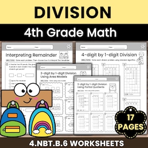 Puede incluir: Un conjunto de hojas de trabajo de matemáticas de 4º grado centradas en la división. La imagen presenta varias páginas con problemas, incluyendo la interpretación de restos y el uso de modelos de área. El título "DIVISION" está en la parte superior, con "4th Grade Math" debajo.