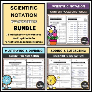 Könnte beinhalten: Ein Bündel von Arbeitsblättern zur wissenschaftlichen Notation mit vier verschiedenen Abschnitten, darunter die Titel Scientific Notation Worksheets Bundle, Convert Compare Order, Multiplying & Dividing und Adding & Subtracting.