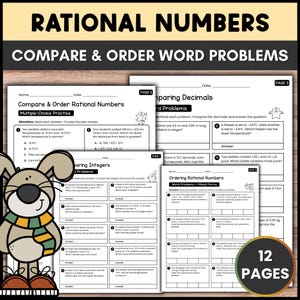 Op de afbeelding: Een set educatieve werkbladen getiteld Rational Numbers Compare & Order Word Problems, bestaande uit 12 pagina's met wiskundeoefeningen. De pagina's bevatten meerkeuzevragen en tekstproblemen over rationale getallen.