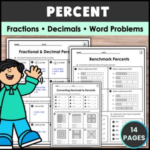 Może przedstawiać: Zestaw edukacyjnych arkuszy matematycznych zatytułowanych PERCENT Fractions • Decimals • Word Problems, zawierający postać z kreskówki oraz wiele stron ćwiczeń, w tym Benchmark Percents i Converting Decimals to Percents, łącznie 14 stron.