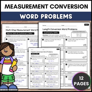 May include: A set of educational worksheets titled Measurement Conversion Word Problems, featuring math exercises for metric and customary units. The pages include conversion reference tables, word problems, and a cartoon illustration of a student.
