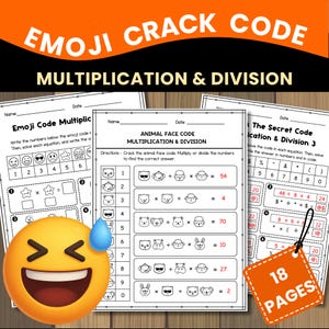 Op de afbeelding: Educatieve werkbladen voor vermenigvuldigen en delen, met emoji- en dierengezichtcodes. De werkbladen bevatten vergelijkingen om op te lossen, met in totaal 18 pagina's. De afbeelding bevat ook een grote emoji met een lachend gezicht.