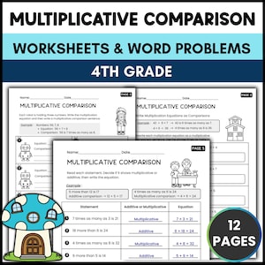 Könnte beinhalten: Ein Set aus 12 Arbeitsblättern mit dem Titel Multiplicative Comparison für Schüler der 4th Grade. Die Seiten enthalten mathematische Aufgaben, Roboter-Illustrationen und Tabellen zum Vergleich von additiven und multiplikativen Gleichungen.