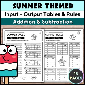May include: Summer-themed educational worksheet with input-output tables for addition and subtraction. The pages feature summer-themed graphics and are designed for learning math. The worksheet includes 18 pages of exercises.