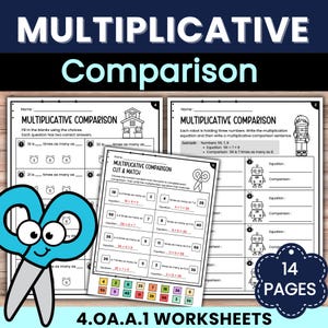 Könnte beinhalten: Lehrblätter mit dem Titel "Multiplikativer Vergleich" mit mathematischen Aufgaben. Die Arbeitsblätter umfassen Lückentexte, Zuordnungsaktivitäten und Vergleichssätze. Das Bild zeigt auch eine Schere und eine Grafik mit "14 SEITEN".