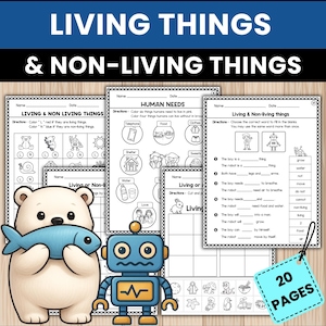 Op de afbeelding: Educatieve werkbladen met de titel "Levende dingen & Niet-levende dingen". Bevat pagina's met invulvragen, kleuractiviteiten en knip- en plak oefeningen. Voorzien van illustraties van een ijsbeer, robot en diverse objecten.