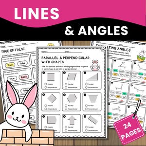 以下が含まれることがあります： 「LINES & ANGLES」というタイトルの教育用ワークシートが表示されています。ワークシートには、真偽問題や平行線と垂直線の識別など、幾何学の演習が含まれています。ピンク色のタグは24ページを示しています。漫画のウサギもいます。