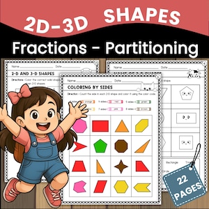 Puede incluir: Conjunto de hojas de trabajo educativas para aprender formas 2D y 3D, fracciones y particiones. La imagen presenta una niña de dibujos animados con hojas de trabajo para colorear formas por lados e identificar formas. El texto de la imagen dice "22 PAGES".