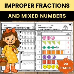 May include: Educational workbook titled "Improper Fractions and Mixed Numbers." The cover features a cartoon girl holding strawberries, with worksheets inside. The workbook includes fraction conversion and modeling exercises, with a "20 PAGES" sticker.
