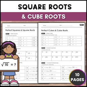 Puede incluir: Un conjunto de hojas de trabajo de matemáticas titulado Square Roots & Cube Roots que presenta dos páginas de ejercicios. Una página cubre cuadrados perfectos y raíces cuadradas, mientras que la otra se centra en cubos perfectos y raíces cúbicas. Un personaje de dibujos animados sostiene un cartel con la ecuación raíz cuadrada de 16 igual a signo de interrogación. El conjunto incluye 10 páginas en total.