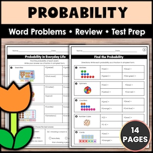 Puede incluir: Dos hojas de trabajo educativas tituladas Probability, Word Problems, Review, Test Prep. Las páginas presentan ejercicios de matemáticas con ilustraciones de bocadillos, canicas, ruletas, contadores, un dado y tarjetas. Un icono de tulipán naranja y una insignia de 14 PAGES son visibles.