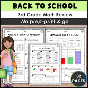 3rd Grade Math Review Worksheets: Back to School, 2nd Grade Skills (PDF Downloadable File)