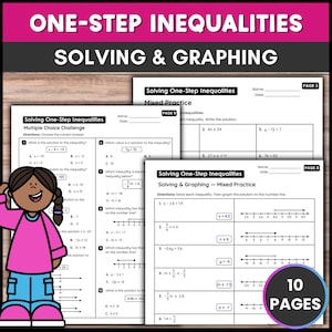 Puede incluir: Hojas de trabajo de matemáticas tituladas One-Step Inequalities Solving & Graphing que incluyen desafíos de opción múltiple y ejercicios mixtos. Las páginas contienen rectas numéricas, ecuaciones y una ilustración de un personaje. 10 páginas en total.