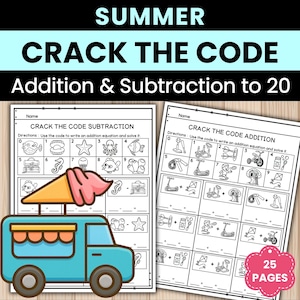 Puede incluir: Hojas de trabajo educativas tituladas "Summer Crack the Code" para la suma y la resta hasta 20. Las hojas de trabajo presentan un gráfico de camión de helados azul y varias imágenes con temas de verano para actividades de descifrado de códigos. Incluye 25 páginas.