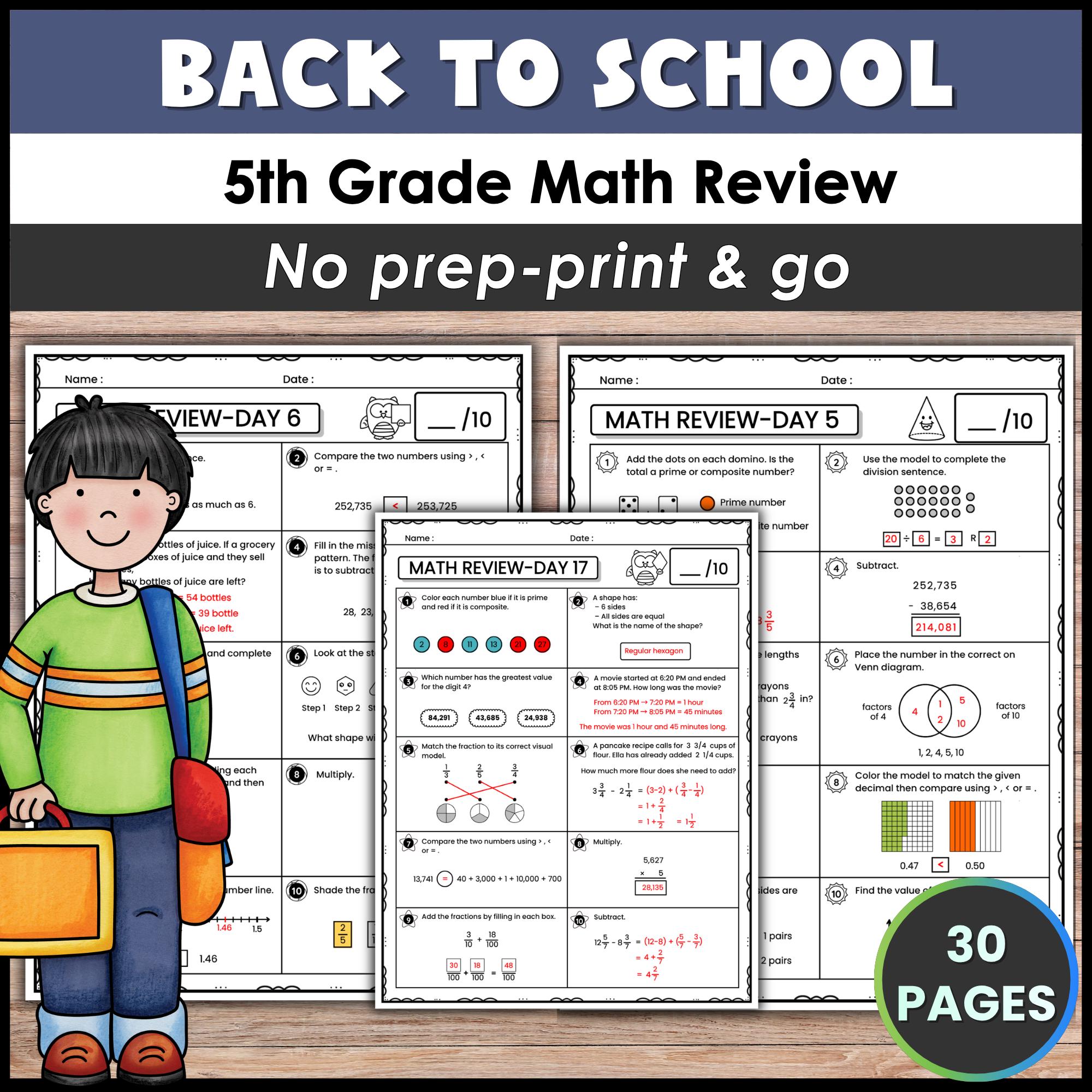 5th Grade Math Review Worksheets: Daily Spiral Practice (30 Pages PDF ...